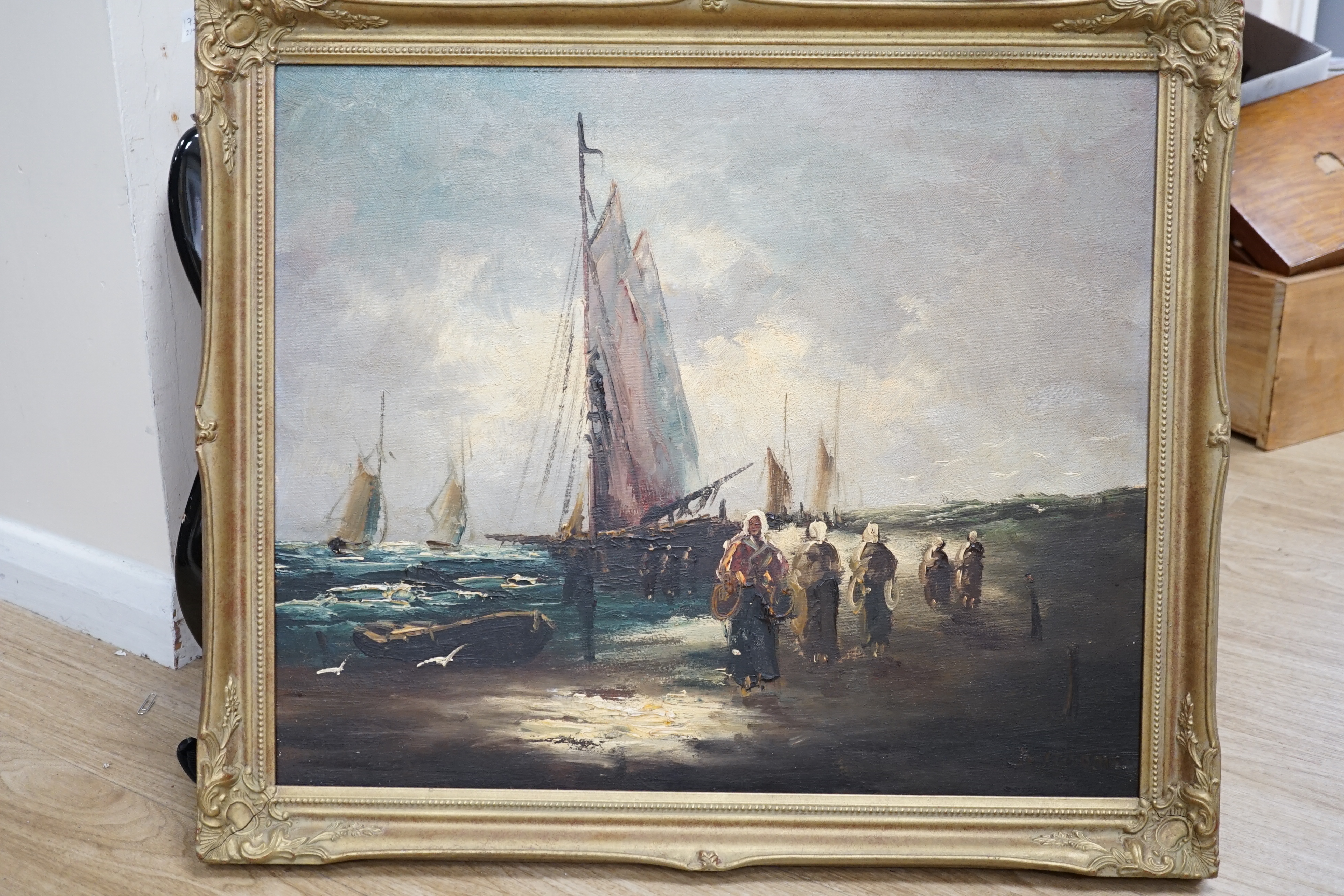 Dutch School, impasto oil on canvas, Fisherfolk, indistinctly signed B Nooms?, 49 x 59cm. Condition - good